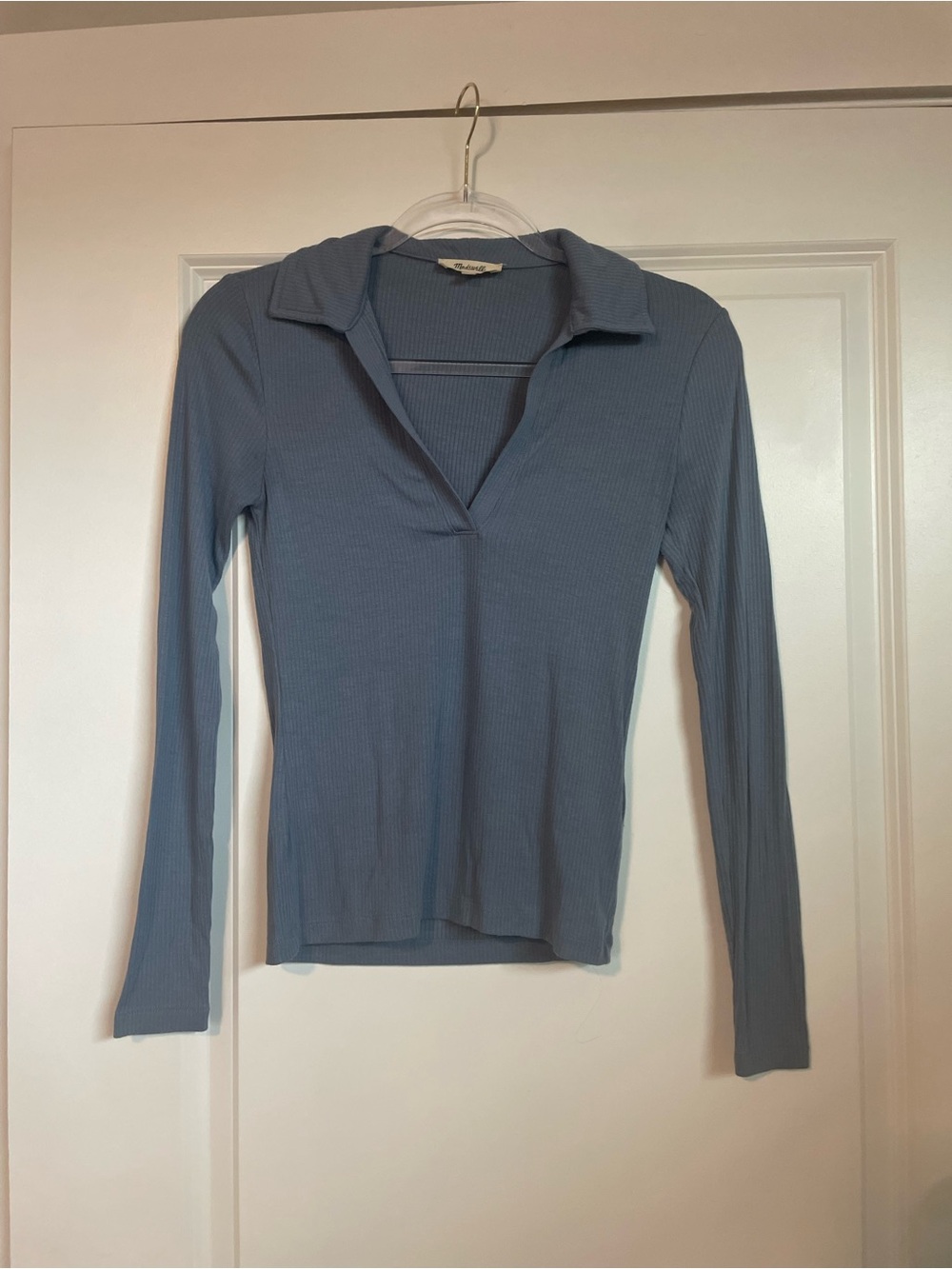 Madewell Dusty Blue Ribbed Long Sleeve Polo Top